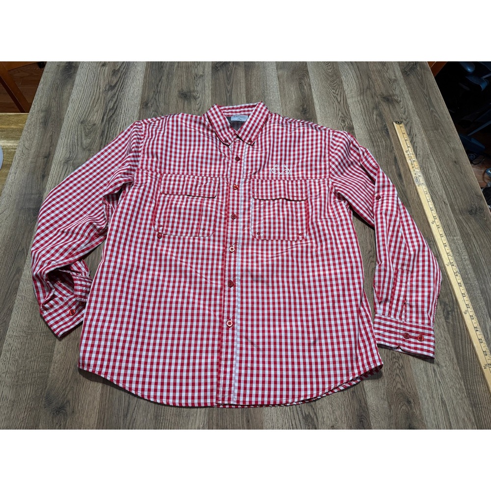 Realtree Fishing Button Up Men L Red Gingham Plaid Outdoor Performance Excellent